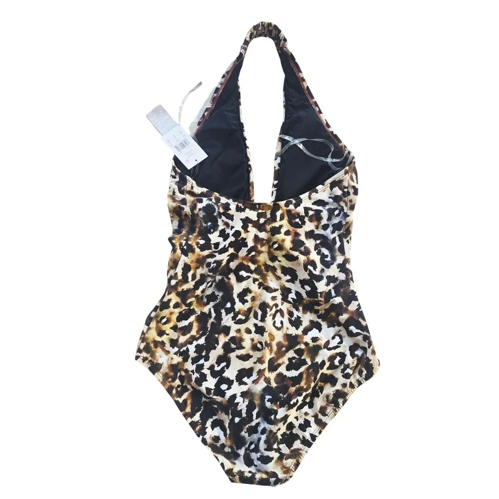 Amoressa NWT 74B Spirit Leopard Print Plunge Halter One‎ Piece Swimsuit Size 6